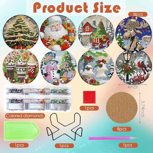 ijbnhd 8 PCS Christmas Diamond Art Coasters Kit 4X4inch (Cork Wooden Pad)