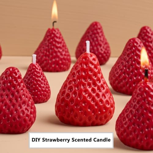 3D Strawberry Grapes Soap Mold, 3 Pcs Strawberry Silicone Scented Candle Soap Mold with 3Pcs Leaf Mold 200Ft White Cotton Rope for Soap Candle Making Gift