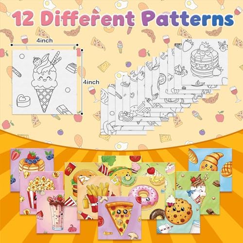 Anseal 12 Packs Pre Drawn Canvas to Paint, 4" X 4" Foods Pre-Printed Paint Party for Painting, Pre Stretched Canvas Outline Painting Boards for Paint Lovers, Party Favor