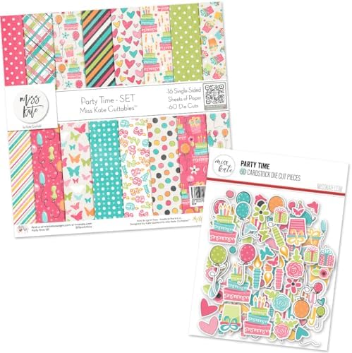 Die Cuts & Paper Set - Party Time - By Miss Kate Cuttables - 16 Sheets of 12"x12" Premium Specialty Paper & OVER 60 Coordinating Die Cuts - Exclusive Original Matching SET