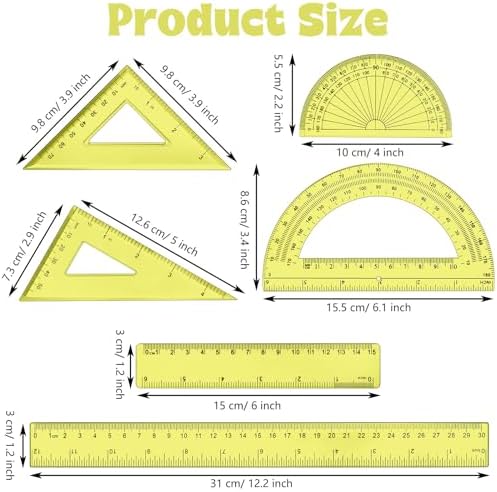 Tenare 6 Pcs Math Geometry Ruler Set, Protractor Triangle School,Yellow