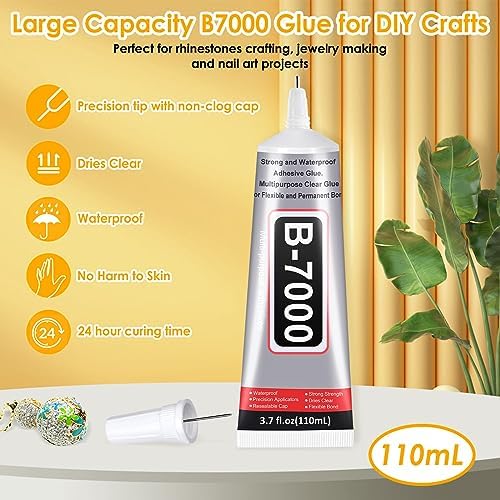 B7000 Glue Clear with Precision Tip, 2Pcs 110mL Jewelry Bead Gem Glue, Strong Adhesive Bedazzling Glue with Silver Rhinestones, Dotting Pen Tool for Jewelry Making Fabric Clothes Shoes DIY Crafts