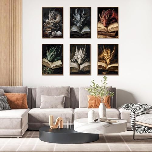 GOUOYANA 6P Dragon and Book Paint By Numbers Kit for Adults Acrylic Canvas | Adult Paint by Number Kits Acrylict Canvas for Painting DIY Dragon And Book Paint by Numbers for Home Wall Art Gift 12X16in