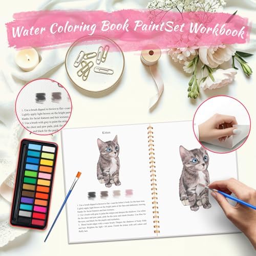 Watercolor Workbook - Coloring Book Beginner Friendly Painting Kit, Watercolor Workbooks for Adults, Exploration Gift for Adults Teens (Flowers-Animals, 24 Color Palette)