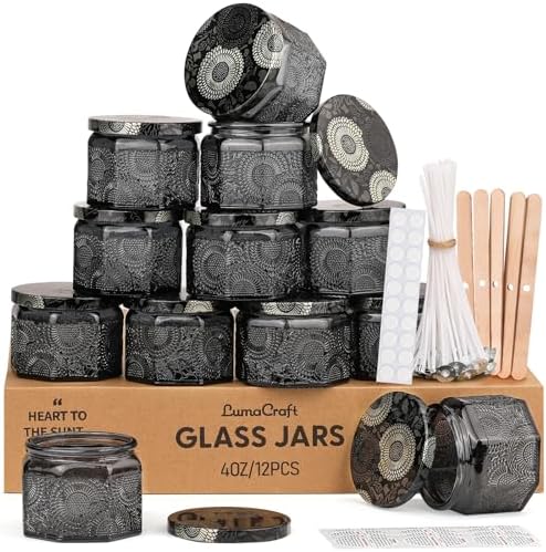 LumaCraft 12 Pack 4oz Glass Candle Jars with Lids, Hexagon Embossed Candle Making Containers, Empty Candle Jars with 20 Wicks & Labels for DIY Candle Making, Party Favors, Home Decor