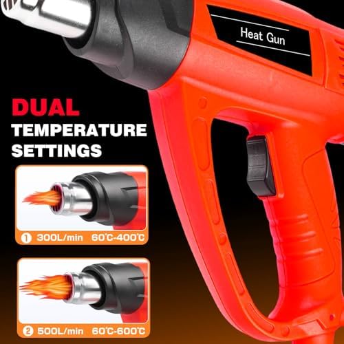 1800W Heat Gun Heavy Duty Fast Heat Hot Air Gun Kit with 752℉&1112℉（400℃-600℃） Dual-Temperature Settings and 5 Nozzles with Overheat Protection for Crafts, Shrinking PVC, Stripping Paint