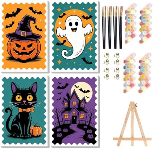 HITO 4 Pack Halloween Paint by Numbers Kit for Kids 6-8-12 with Frame Easel