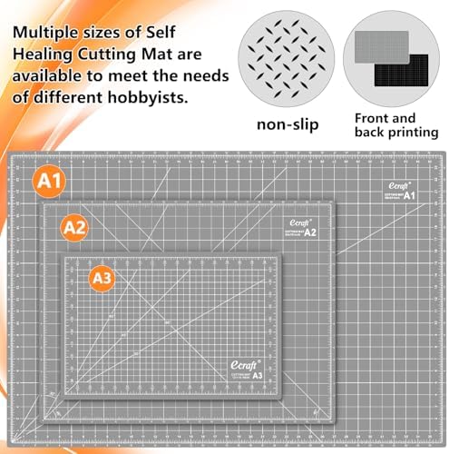 Ecraft Self Healing Cutting Mat 18x12 Inch A3, 5-Ply Double Sided Rotary Cutting Board with Grid, Grey/Black for Sewing, Quilting, Fabric & Craft Projects