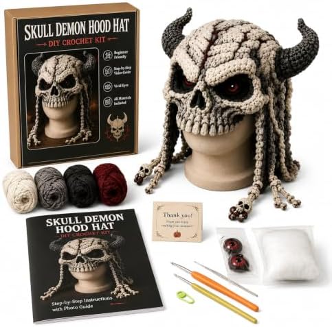 LWLQCZJ DIY Crochet Kit Fantasy Animal Hood Hat Beginner Craft Set with Yarn & Hook (Skull)