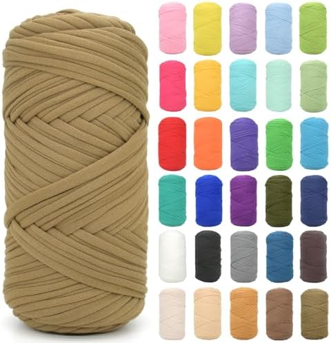 Tshirt Yarn for Crocheting,Dark Khaki T Shirt Chunky Elastic Fabric Thick T-Shirt Crochet Yarn for Beginners Crocheting Hand Knitting Bag/Basket/Coasters/DIY Crafts/Home Decor 200G(Dark Khaki