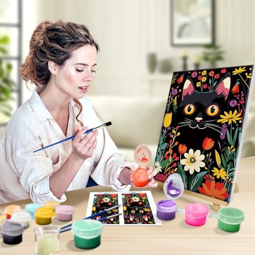 JOOZ Paint by Numbers Kit for Adults with Frame, Black Cat Paint by Number with Easel, DIY Flowers Oil Painting by Numbers Black Cat, Easy Adult Paint by Number Kits Canvas for Wall Decor 8x12 Inch