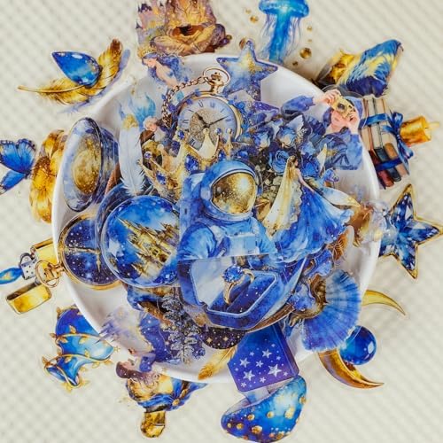 56 PCS Blue Gold Fantasy Magical Celestial Clear Stickers, Dreamy Watercolor Fairytale Aesthetic Scrapbook Stickers for Journaling Planner Laptop Decor