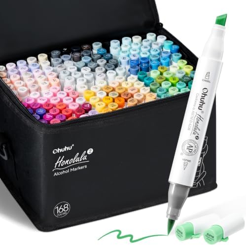 Ohuhu Alcohol Markers 168 Colors Brush& Chisel Honolulu 2 for Cozy Coloring | Brush Markers for Artists Adults Coloring Illustration, Double Tipped Brush Tip Alcohol-based AP Certified Refillable Ink