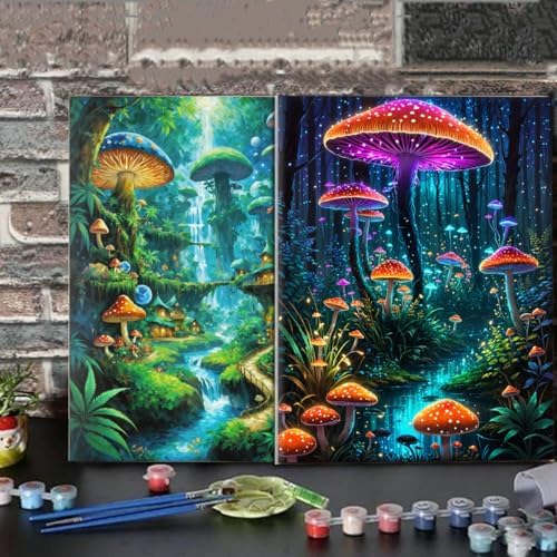 Lovepefe Mushroom Paint by Numbers Kit for Adults and Kids Beginner 2 Pack Mushrooms Forest Adult Paint by Number Kits On Canvas DIY Oil Painting Kits for Gift Wall Decor 12x16 Inch