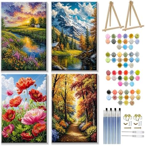 JOOZ 4 Pack Paint by Numbers Kit for Adults with Frame Landscape Paint by Number with Easel DIY Flowers Oil Painting Kits for Home Wall Decor 8x12 Inch