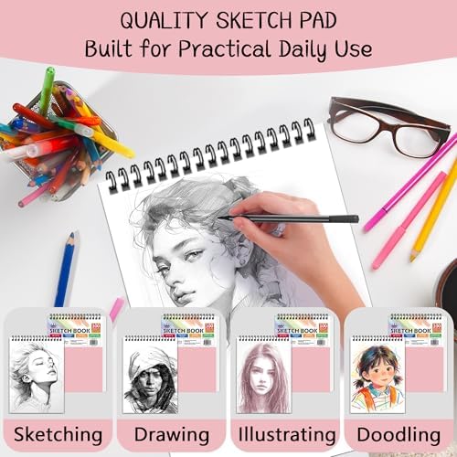 WINNER 9" x 12" Sketch Book 4 Pack, 400 Sheets Spiral Bound Art Sketchbook, 68lb/100gsm White Acid Free Drawing Pad, Sketching Drawing Writing Sketch Pad for Kids, Adults, Art Supplies, Pink