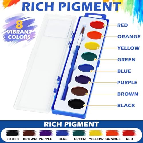 Watercolor Paint Set for Kids - Bulk Pack of 10, 8 Colors Washable Water Color Paints Sets with Paintbrush, Kids Watercolor Paint Set for Coloring, Art, Classrooms and Easter Paint Supplies