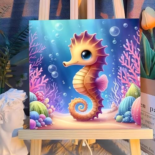 Reivworl Seahorse Paint by Numbers Kit for Kids with Frame 8×8 inch