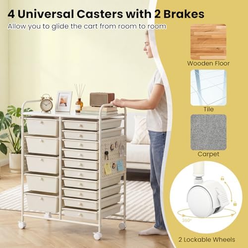 GOFLAME 15-Drawer Rolling Storage Cart with Pegboard, Craft Storage Cart with Lockable Wheels and Metal Frame, Art Cart Supply Storage Organizer for Home Office Classroom, White