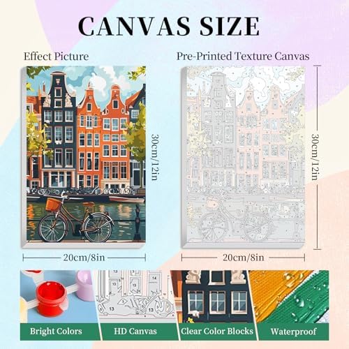 Camocin 4 Pack Framed Paint by Numbers Kit for Adults with Wooden Easel | Paris London Rome European Cityscape Artwork, DIY Canvas Painting Set, Home Wall Decor, Beginner Friendly, 8x12 Inch