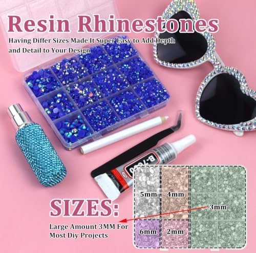 10000PCS Blue AB Rhinestones Bedazzling Gems 2/3/4/5/6MM Mix Sizes Resin Jelly Bedazzler Kit Flatback with Complete Tools for DIY, Nail, Art Craft for Girls Gift