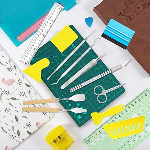 MMOBIEL 19-Piece Vinyl A5 Cutting Mat Tool Set Stainless Steel with Scrapers, Scalpel Knives, Spatula Spudgers, Ruler Tweezers and Scissors