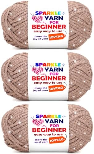 3 Pack Rose Gold Sparkle Yarn for Crocheting and Knitting,Rose Gold Metallic Glitter Crochet Knitting Yarn for Beginners with Easy-to-See Stitches Easy Yarn for Beginners Crochet Kit(3x50g)