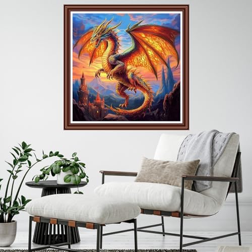 Dimensean Counted Cross Stitch Kit for Beginners, 11CT Unprinted Cross-Stitch Kit Easy Patterns Needlepoint Kit Cross Stitching Embroidery Kit Supplies-Castle Dragon 18x18 inch