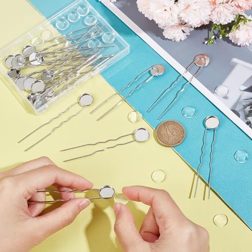 UNICRAFTALE 20 Sets U Shape Hairpins Platinum Round Bezel Tray Blank Hair Pins Brass DIY Cabochon Hair Pins Supplies with Glass Cabochons 12mm Tray Hair Clips 80mm Long Hair Fork for Jewelry Making