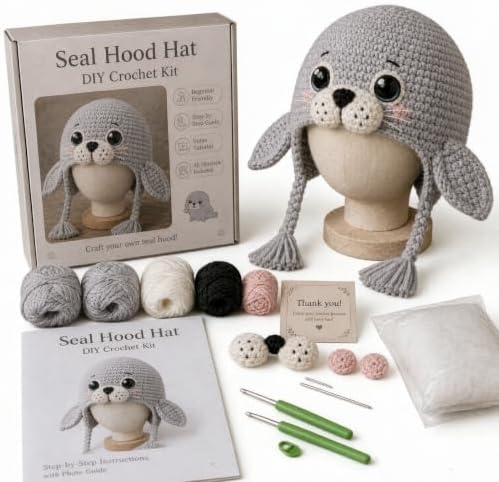 Ocean Series Hood Hat DIY Crochet Kit, Create Your Own Ocean Inspired Character Hood, Handmade Art Crafts for Beginners Adults, Fun Creative Gift for Crochet Lovers，Hermit Crab (Seal)