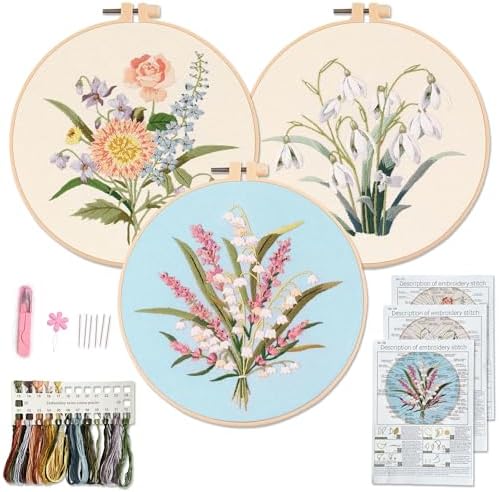 Myfelicity Embroidery kit for Adults and Beginners, Includes 3 Floral Pattern Fabrics, 3 Embroidery Hoops, Embroidery Floss and Other Tools.