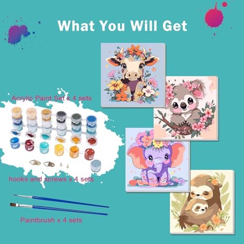 4 Pack Paint by Numbers Kit for Kids Paints by Number Kits Age 4-8 Painting Kits for Kids Ages 8-12 Girls Framed Canvas Paint by Number Animals Drawing Kit Color by Number for Beginners 8x8 Inch