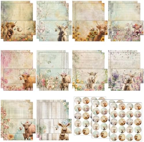 TaoBary 160 Pcs Floral Highland Cow Stationery Paper and Envelopes Set