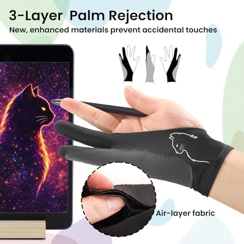 Profile Cat Drawing Glove: 3-Layer Palm Rejection for iPad & Drawing Tablet | Smooth-Glide & Breathable Artist Glove for Digital Art, Two-Finger Design, Fits Left & Right Hand, 2-Pack + Cleaning Cloth