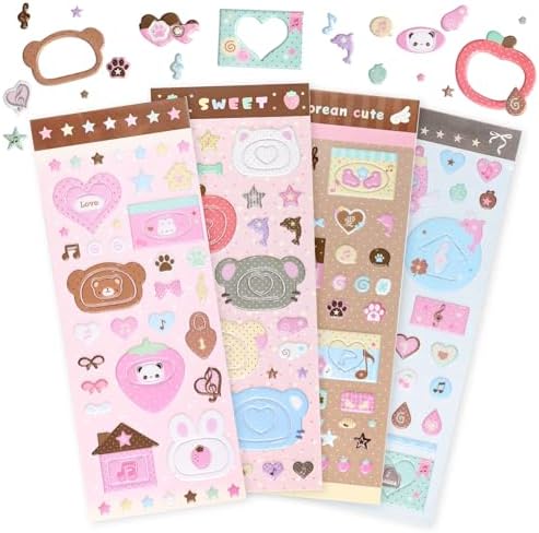 4 Sheets 3D Puffy Stickers, Kawaii Cartoon Stickers Cute Animals, Desserts, Music Pink Aesthetic Foam Stickers for Scrapbooking, Journaling, DIY Crafts, Laptop & Water Bottle Decor