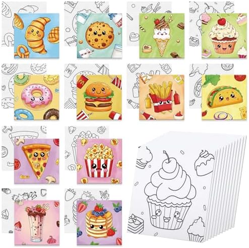 Anseal 12 Packs Pre Drawn Canvas to Paint, 4" X 4" Foods Pre-Printed Paint Party for Painting, Pre Stretched Canvas Outline Painting Boards for Paint Lovers, Party Favor