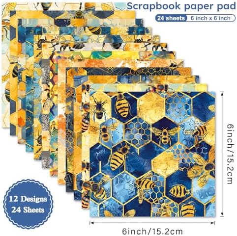 6-inch Bee Scrapbooking Paper Pad - 24 Sheets Aesthetic Patterned Decorative Collage Junk Journal Decoupage for Origami Wrapping Folded Supplies Gift Cards DIY Crafts Scrapbook Photo Album