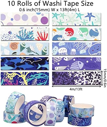 Blue Ocean Washi Tape Set 10 Rolls Bronzing Sea Decorative Masking Tapes for Scrapbooking, Journal, Planner, DIY Crafts, Gift Wrapping