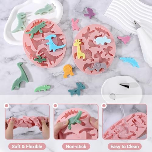 Beasea Silicone Molds, 2pcs Mini Tiny Animal Candy Chocolate Making Silicone Mat Tray Sheets for Baking Freezer Moulds Cute Dinosaurs Jungle Lion Rabbit Elephant Shape