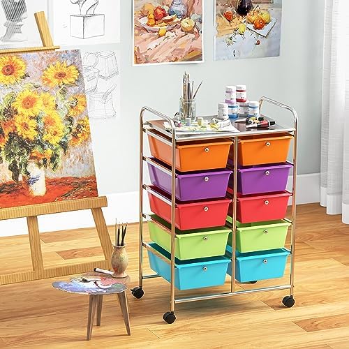Giantex 10 Drawers Rolling Cart, Classroom Organizers, Storage Cart with Wheels, for Teacher Office Home School Supplies Tool Craft Art Paper, Rainbow Color