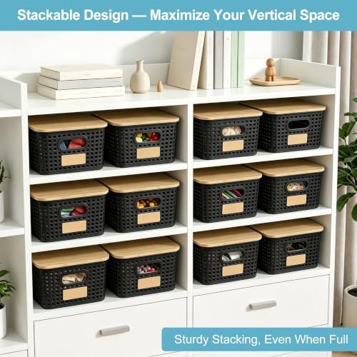 Bagnizer Small Plastic Storage Bins with Bamboo Lids 5.2qt Stackable Box Basket Pantry Decorative Containers Cute with Lable for Organizing Desktop Closet Office Black of 6 packs 10 * 7.2 * 4.1"