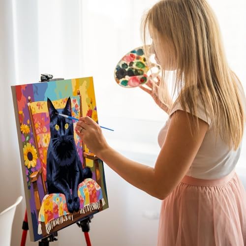 Paint by Numbers Kit for Adults, Black Cat Number Painting, 16 x 16 Inch | DIY Adult Paint by Number Kit on Canvas for Beginners, without Frame, Black Cat Wall Decor, Stress Relief Craft Gift