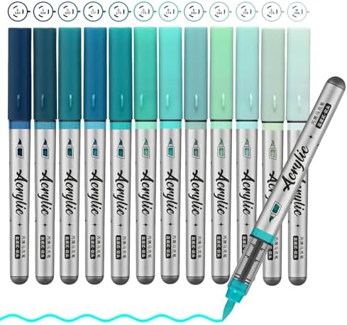 Mint Green Acrylic Paint Pens,12 Color Paint Pen Markers,Brush Tip Paint Pens for Rock Painting Wood Glass Ceramic Canvas Stone DIY Crafts Making Art Supplies