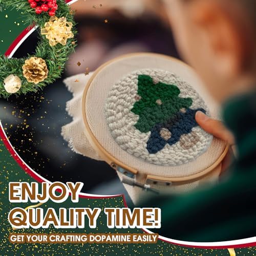 yuegool 6PCS Christmas Punch Needle Coasters Kit,Easy DIY Punch Needle Embroidery Kit for Beginners Adults Kids Including Patterns, Tools, Yarns, Hoop, Instruction, Coaster Holder Art Craft Supplies