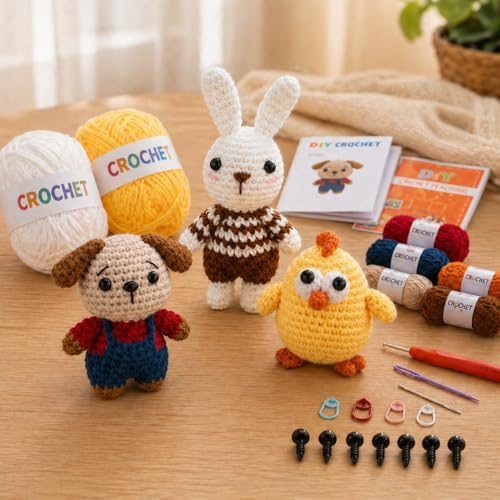 Xanlon Crochet Kit for Beginners,3pcs Animals Knitting Beginner Starter Kit