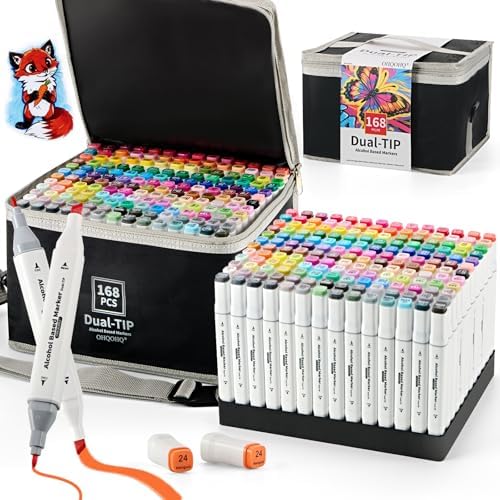 Alcohol Markers Set 168 Colors with Case & Pen Holder, Dual Tip Alcohol Based Art Markers, Chisel & Fine Tip Coloring Markers for Adult Coloring Books, Drawing, Illustration, Art Supplies
