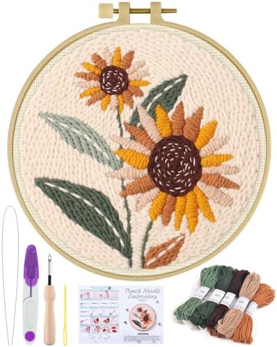 ERKOON Punch Needle Kit Beginners Adults, DIY Easy Flower Embroidery Set for Starter Art Craft, Needling Punching Project with Patterns, Tools, Yarns, Hoop, Instruction (Sunflowers)