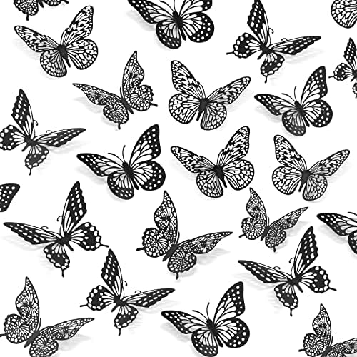SAOROPEB 3D Butterfly Wall Decor 48 Pcs Black Butterfly Decoration Sticker | 4 Styles 3 Sizes Butterfly Birthday Decorations Butterfly Party Decorations Cake Decorations, Removable Stickers