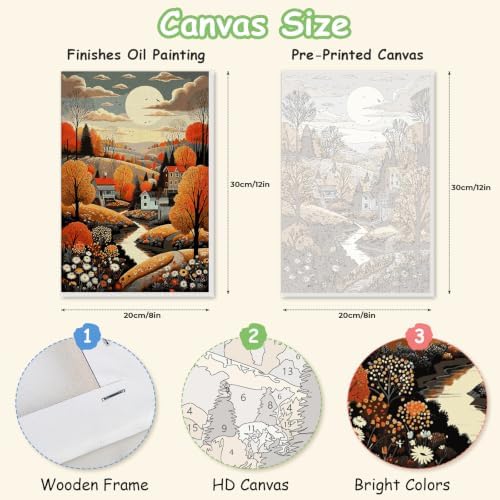 Spandrel Framed Paint by Numbers Kit for Adult Autumn Countryside, Adult Paint by Number Kits on Canvas Village Landscape, DIY Acrylic Oil Fall Painting by Numbers for Home Wall Decor, 8x12in