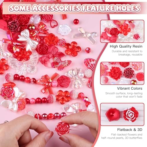 350 Pieces 3D Resin ABS Colorful Rose Flower Bows Butterfly Charms with Flatback Half Round Pearl Beads for Bracelet Earring Necklace Craft DIY Making Supplies